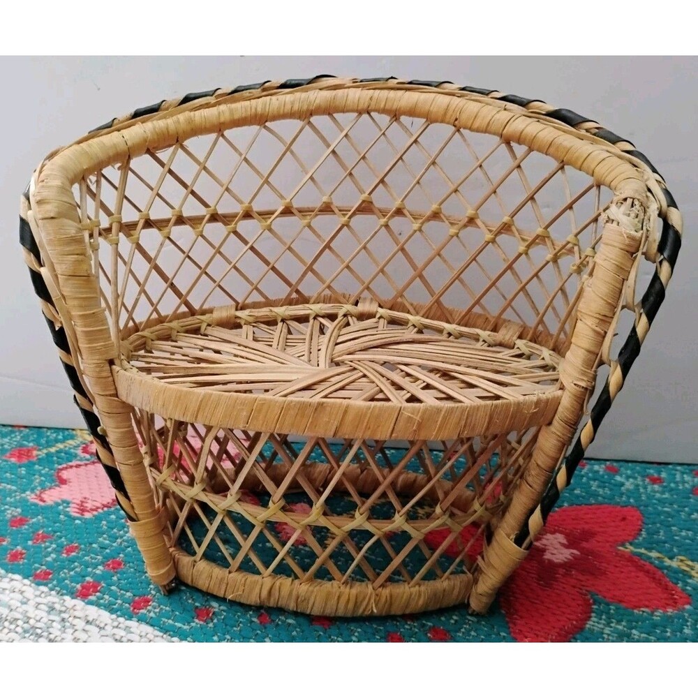 Vintage 70s Mini Wicker Tub Chair Doll Furniture Boho Plant Stand Black Trim